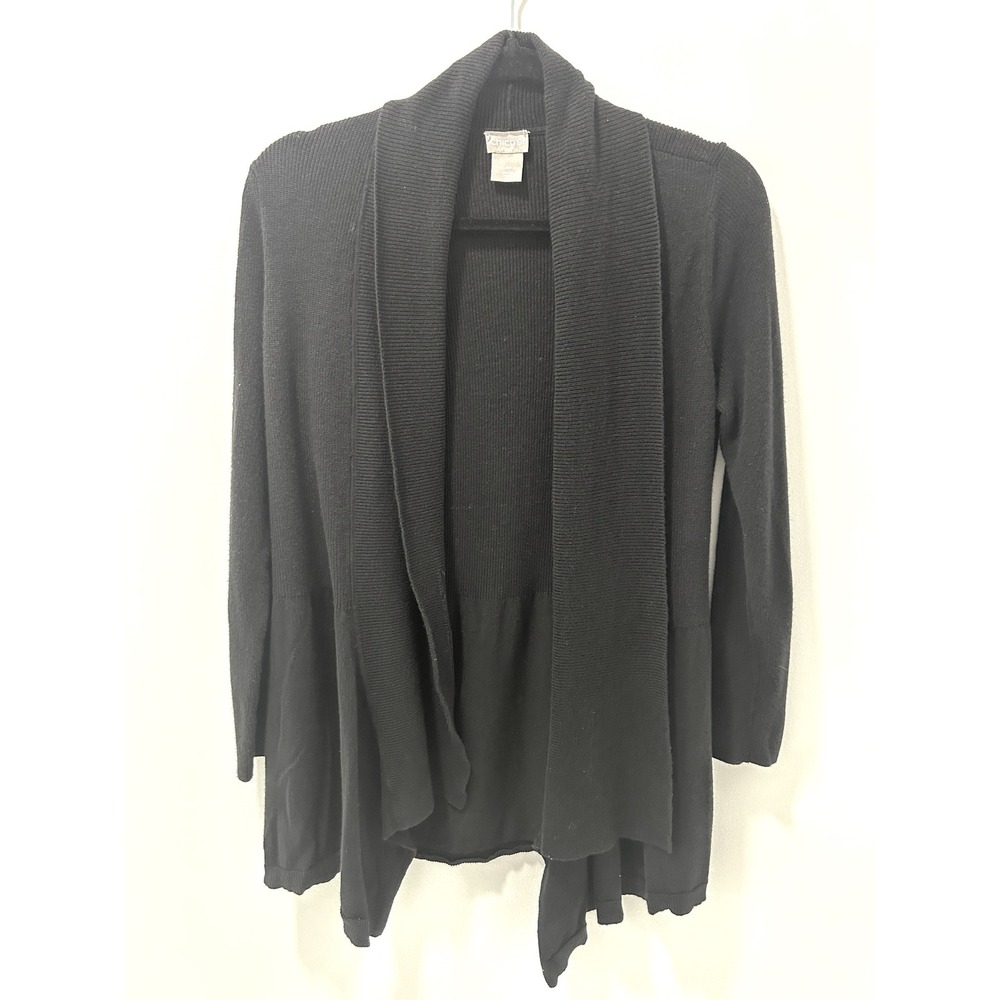 Chicos Black Open Front Cardigan Ribbed Shawl Collar Cotton Blend Size 1 Medium